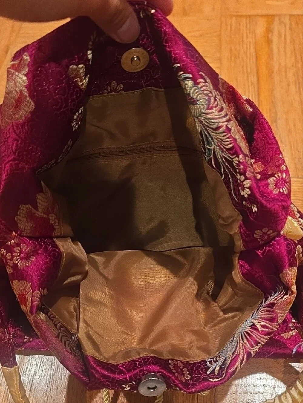 Purple Floral Satin Handle Bag with Cream Accents
